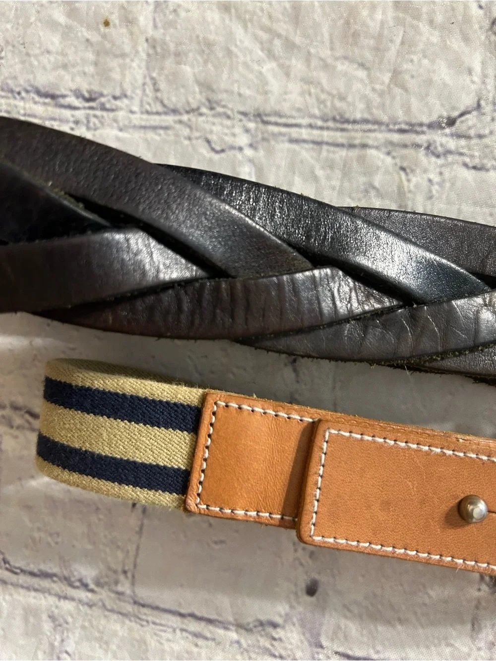 LAUREN RALPH LAUREN (2) BELTS BRAIDED CHUNKY ESPRESSO & PREPPY TAN/NAVY STRETCH